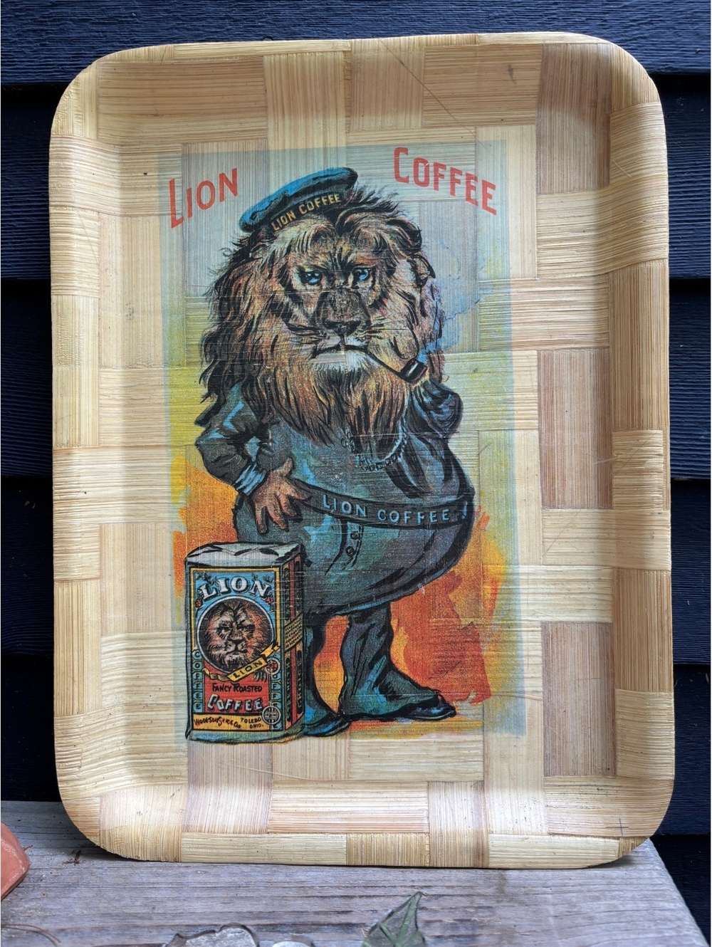 Vintage Nevco Bamboo Serving Tray with Lion Coffee Design, Made in Taiwan